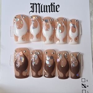 Handmade Brown and White Flame Nail Set with Glitter